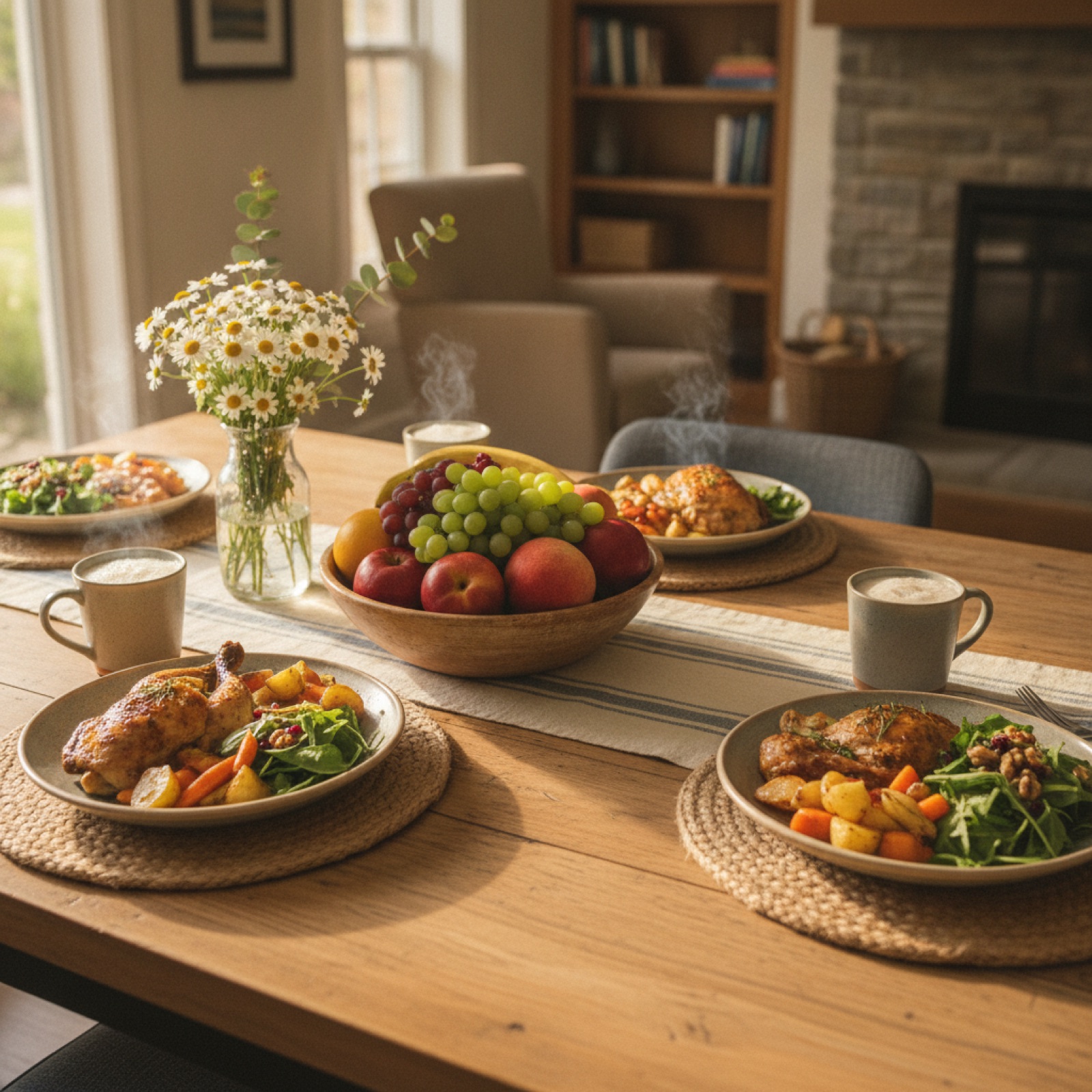 A home-cooked meal at the dining table