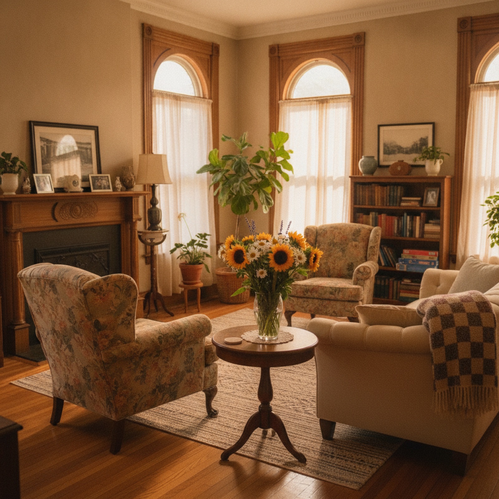 Sunlit, homey living room at Janet's Residential